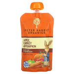 Peter Rabbit Organics puree pouch with orange lid on a white background