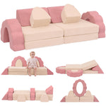 Annualring 10-Piece Mini Kids Play Couch, Modular Flower Foam Sofa for Toddlers, Convertible Soft Play Sofa with Washable Cover, Indoor Climbing Furniture for Nursery & Playroom, Pink & Beige
