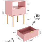 Masupu Nightstand with Charging Station,Mid-Century Modern Bedside Table with Storage Drawer and Open Wood Shelf,Small Gold Frame Side Table for Bedroom,Living Room (Pink)