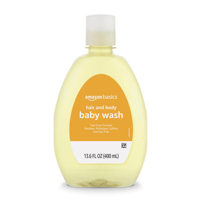 Amazon Basics hair and body baby wash bottle on a white background