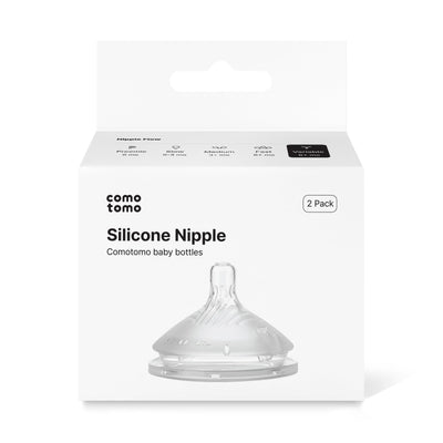Packaging of comotomo silicone nipples on a white background