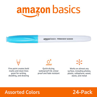 Amazon Basics Fine Tip Permanent Markers for Office, School, and Home Use, Assorted Colors, 24 Pack