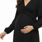 Motherhood Maternity Women's V-Neck Long Puff Sleeve Ruffle Midi Pregnancy Dress, Black, Small