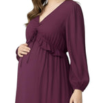 Motherhood Maternity Women's V-Neck Long Puff Sleeve Ruffle Midi Pregnancy Dress, Mauve Wine, Medium