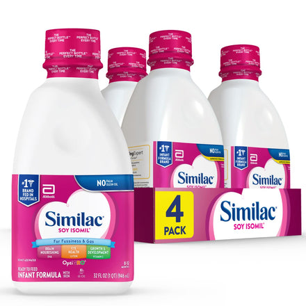 Similac soy isomil infant formula bottles with packaging on a white background