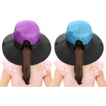 2 Pieces 5-14Y Kids Summer Sun Hat Wide Brim UV Protection for Girls Ponytail Beach Bucket Cap (Purple＆Sky Blue)