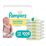 Pampers Sensitive Baby Wipes, Water Based, Clinically Proven, Hypoallergenic, and Unscented for Babies, 1008 Wipes Total (12 Flip-Top Packs) [Packaging May Vary]