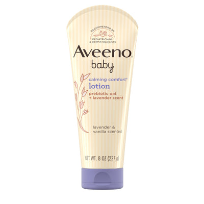 Aveeno baby lotion tube on a white background