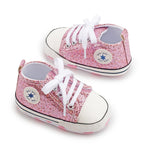 KKIIDDSS Unisex Baby Girls Boys Canvas High-top Shoes, Newborn Infant Anti-Slip Soft Sole Frist Walking Sneakers (B02/Sequin Little Purple,12-18 Months)