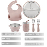 PandaEar 6-in-1 Stainless Steel Baby Feeding Set | Divided Suction Plate, Bowl, Sippy Cup with Straw, Bib, Spoon & Fork | BPA-Free Toddler Feeding Essentials for Self-Feeding (Pink)