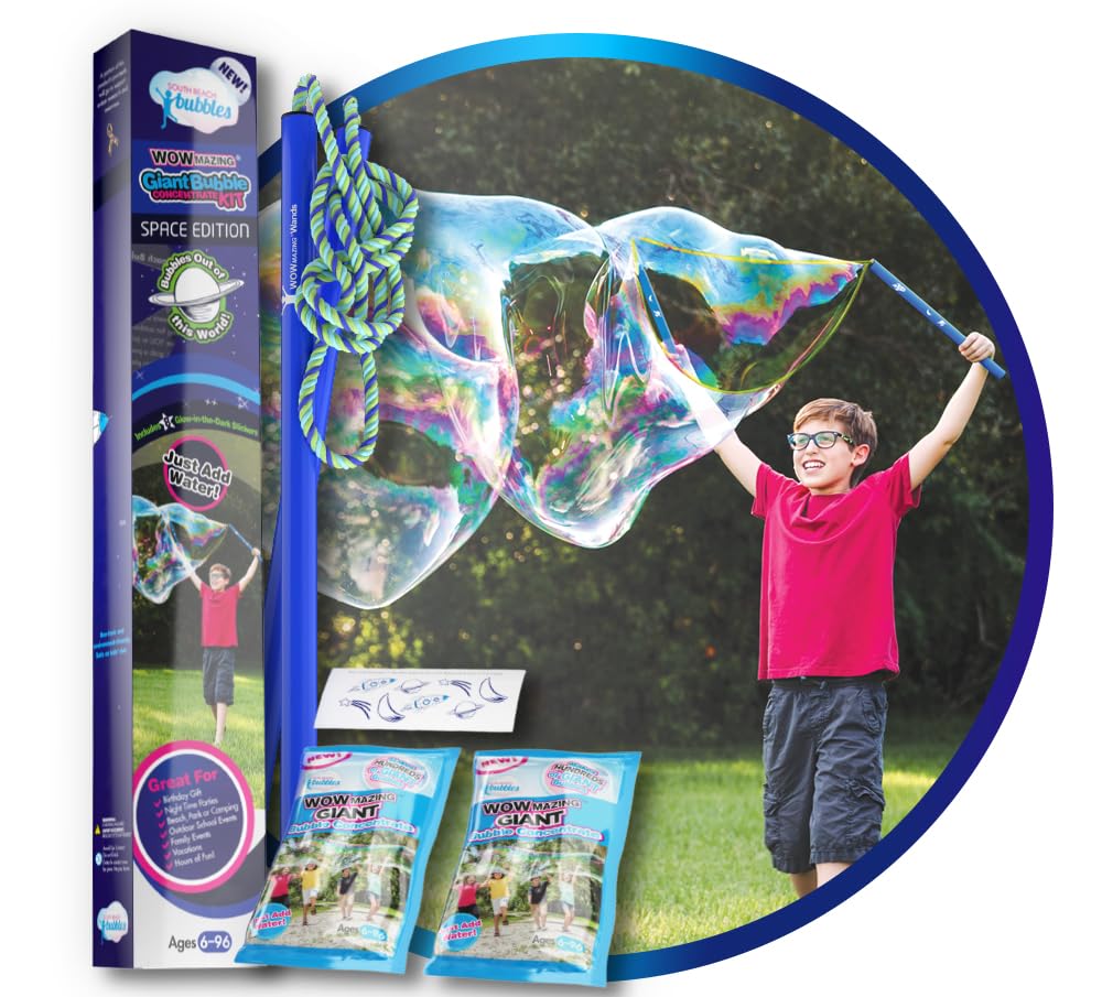 WOWmazing Giant Bubble Wands Kit: (4-Piece Set) | Incl. Wand, Big Bubble Concentrate and Tips & Trick Booklet | Outdoor Toy for Kids, Boys, Girls | Bubbles Made in The USA