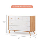 dadada Austin 5-Drawer Dresser for Nursery and Bedroom - Modern Design, Large Storage, Baby-Safe Finish, Anti-Tip Safety, Solid Wood Feet, Durable Construction (White + Red Oak)