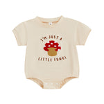 Licupiee Newborn Girl Boy Mushroom Romper Shirts Infant Baby Summer Clothes Letter Embroidery Short Sleeve Bodysuit Tops (Beige, 0-3 Months)
