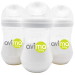 Three white baby bottles with Avima Baby logo on a white background