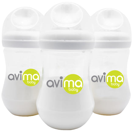Three white baby bottles with Avima Baby logo on a white background