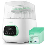 Bottle sterilizer with digital display and a package of MOLWAY detergent tablets on a white background
