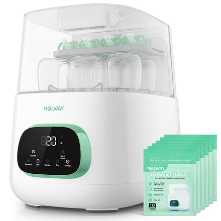 Bottle sterilizer with digital display and a package of MOLWAY detergent tablets on a white background