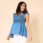 Motherhood Maternity Women's Babydoll Sleeveless Smocked Peplum Pregnancy Tank Top with Ruffle Back Detail, Medium Wash