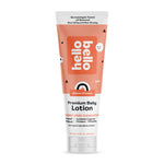 Tube of 'hello bello' premium baby lotion on a white background