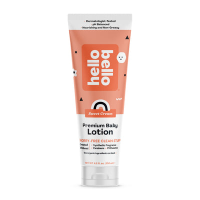 Tube of 'hello bello' premium baby lotion on a white background