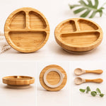 Bamboo Baby Plates with Suction, Toddler Plates for Self Feeding, Eco Friendly Baby Feeding Plate Set, Divided Plate for Baby Boy & Baby Girl, BPA Free, Easy Clean (Beige)