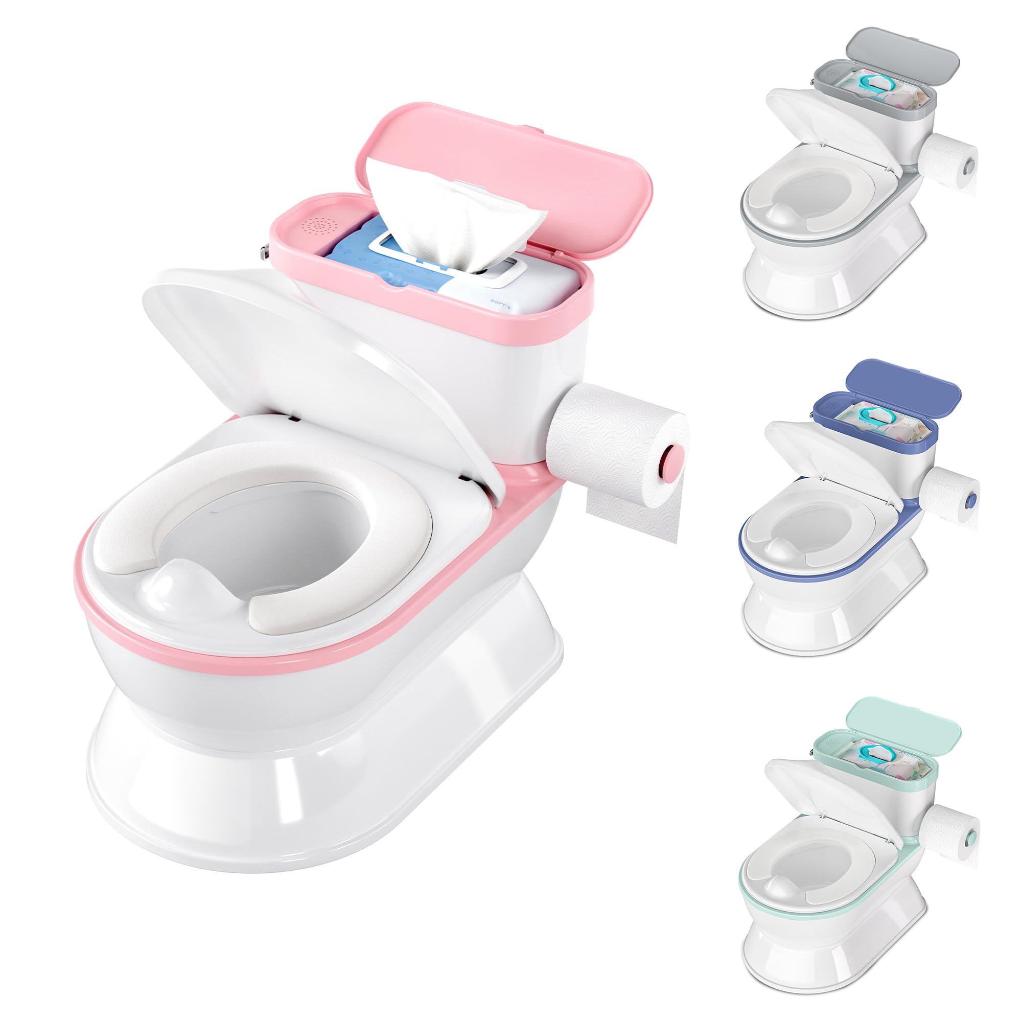 CheerTry 2-in-1 Toddler Potty Training Toilet - Larger Potty Chair & Detachable Training Seat for Boys & Girls Ages 1-3 with Flushing Sound, Wipes Storage, Toilet Paper Holder - Pink