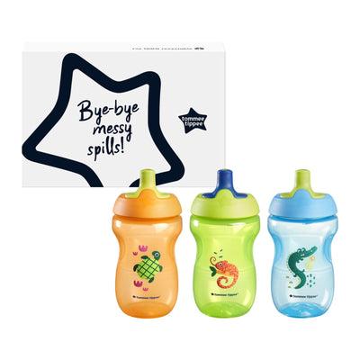 Tommee Tippee Sportee Water Bottle, for 12m+, 10oz, Pack of 3 Non-Spill Sippy Cups for Toddlers, Orange, Green and Blue, with Bite-Resistant Spout, Easy-Hold and BPA Free