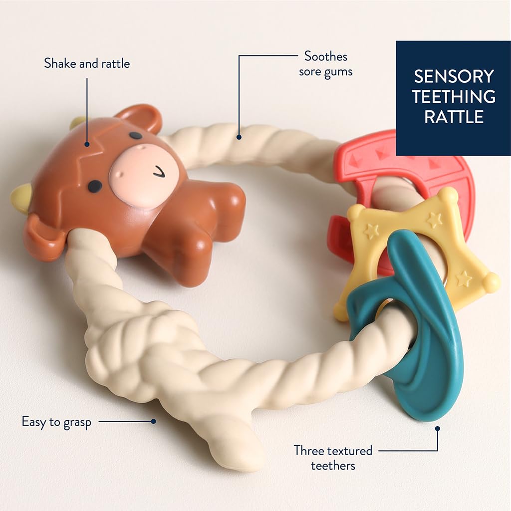 Itzy Ritzy Silicone Teether with Rattle; Rattle Teether Features Rattle Sound, Three Silicone Teething Rings and Raised Texture to Soothe Gums; Ages 3 Months and Up (Highland Cow)