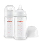 Two clear baby bottles with 'pigeon' branding on a white background