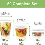 60 Sets (120-Piece) Deli Containers with Lids, 32/16/8 oz X 20 Set Each, Leak-Proof & BPA Free Airtight Takeout Plastic Food Storage Containers for Soup, Freezer/Microwave/Dishwasher Safe
