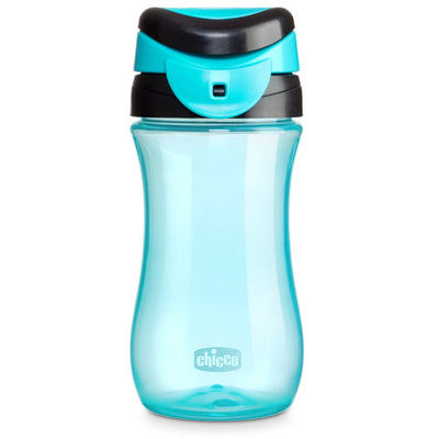 Turquoise children's sippy cup with black lid on a white background