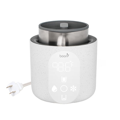 White and gray insulated mug with a power cord on a white background