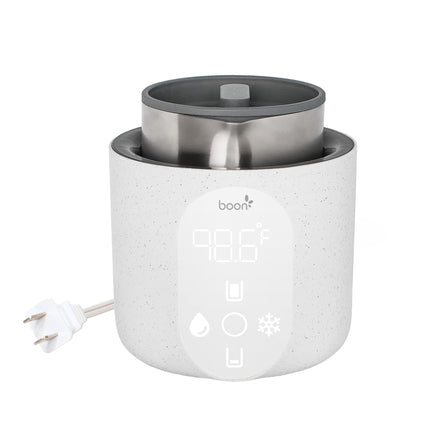 White and gray insulated mug with a power cord on a white background