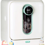 White and green sterilizer with digital display, baby bottles, sippy cups, and pacifier on a white background.