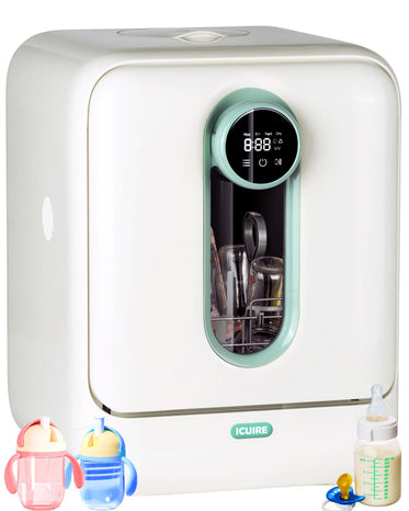 White and green sterilizer with digital display, baby bottles, sippy cups, and pacifier on a white background.