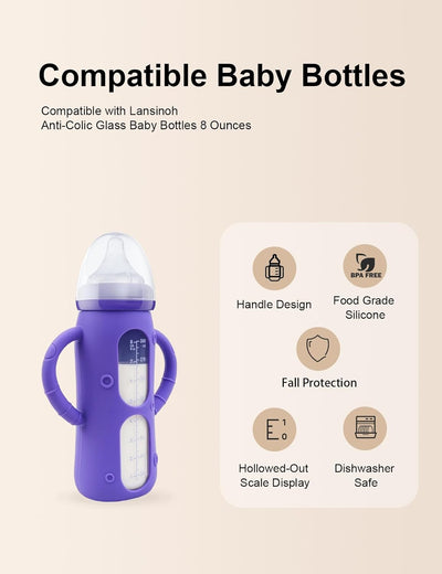 ZCH 4-Pack Silicone Sleeves with Handles for Lansinoh Glass Bottles, BPA-Free Drop-Resistant Baby Bottle Sleeves with Handles, Compatible with Lansinoh Anti-Colic Glass Baby Bottles (8 oz)
