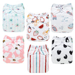 Set of six colorful baby diapers with various patterns on a white background