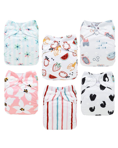 Set of six colorful baby diapers with various patterns on a white background