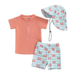 DuAnyozu Baby Boys Swimsuit Long Sleeve Rash Guard Swimwear Baby Boy Gril Swim with Hat Set 3-Piece Toddler Bathing Suit (S-Orange, 12-18 Months)