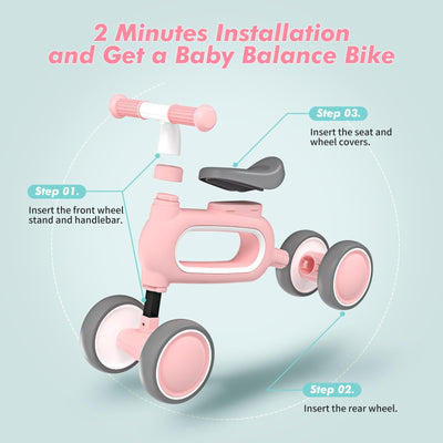 DRAMATION Baby Balance Bike for 1 Year Old Girls Gifts, 10-12 Months No Pedal Toddler Balance Bike with 4 Silence Wheels, 1st Birthday Gift, Ride On Toys for Boys Girls 1 Years Old, Pink