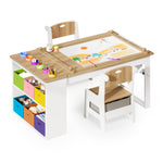 Befrases Kids Art Table and Chairs, Toddler Craft Table and 2 Chairs Set with Roll Paper, Large Activity Desk with 6 Colorful Paint Cups & Storage for Drawing, Learning and Reading