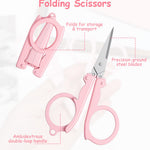 2Pcs Badge Reel Scissors, Cute Pink Foldable Mini Badge Scissors for School, Small Travel Portable with Safety Cap for Kids & Adult Scrapbooking Crafting Sewing Yarn, Kawaii Design