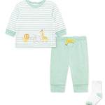 Little Me Clothes for Baby Boys' Safari Jogger Set with Socks, Lichen/Multi, 3 Months
