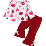 Kucnuzki Toddler Girl Clothes Long Sleeve Round Neck Tops Ruffle Floral Shirts Solid Color Bell Bottom Pants For Baby Girl Clothes 18-24 Months 2 Piece Outfit