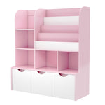 Fotosok 47'' Multifunctional Kids Bookcase with 5 Cubbies and 3 Movable Drawers, Display Stand, Toy Storage for Bedroom, Playroom, Hallway, Pink