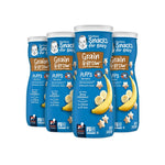 Four containers of Gerber Snacks for Baby Grain & Grow Puffs with banana flavor on a white background.
