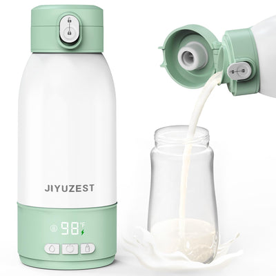 Milk being poured from a white and green milk bottle into a glass jar on a white background.