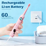 Huedbeads Kids Electric Toothbrush, Sonic Rechargeable Toothbrush with 6 Replacement Heads, Soft Bristle, IPX7 Waterproof, LED Display, Oral Care for Toddlers & Children Aged 2+ Years(Pink)