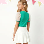 PATPAT Girls Puff Sleeve Top Size 9-10 Ribbed Short Sleeve Green Lace Blouse Girls Green Dress Shirt Cute Kids Clothes Smocked Blouse Cute Tops