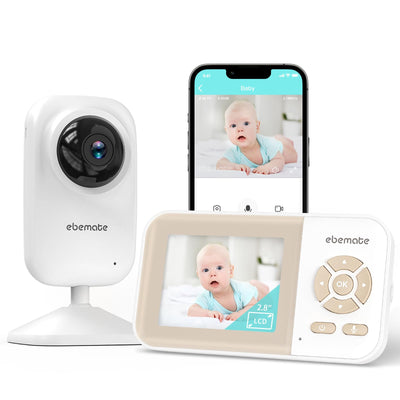 Baby monitor system with camera, display, and smartphone app showing a baby.